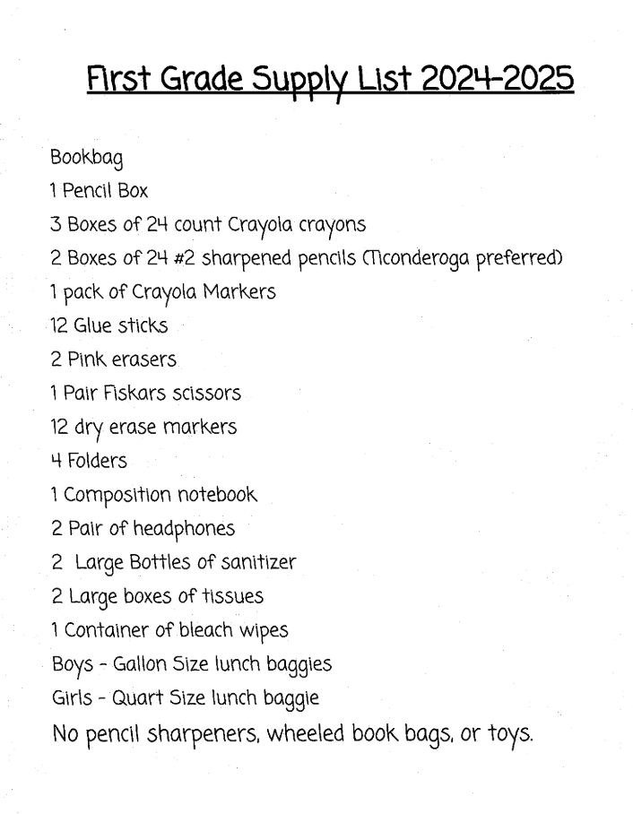1st Grade School Supply List